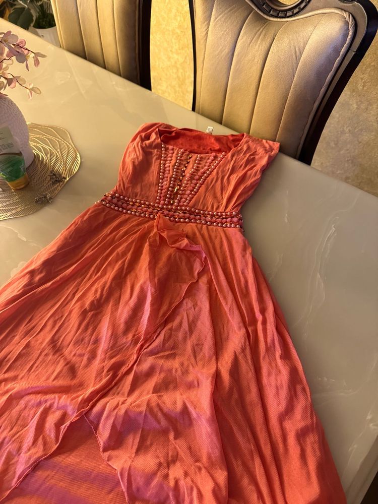 Coral Beaded Strapless Maxi Dress