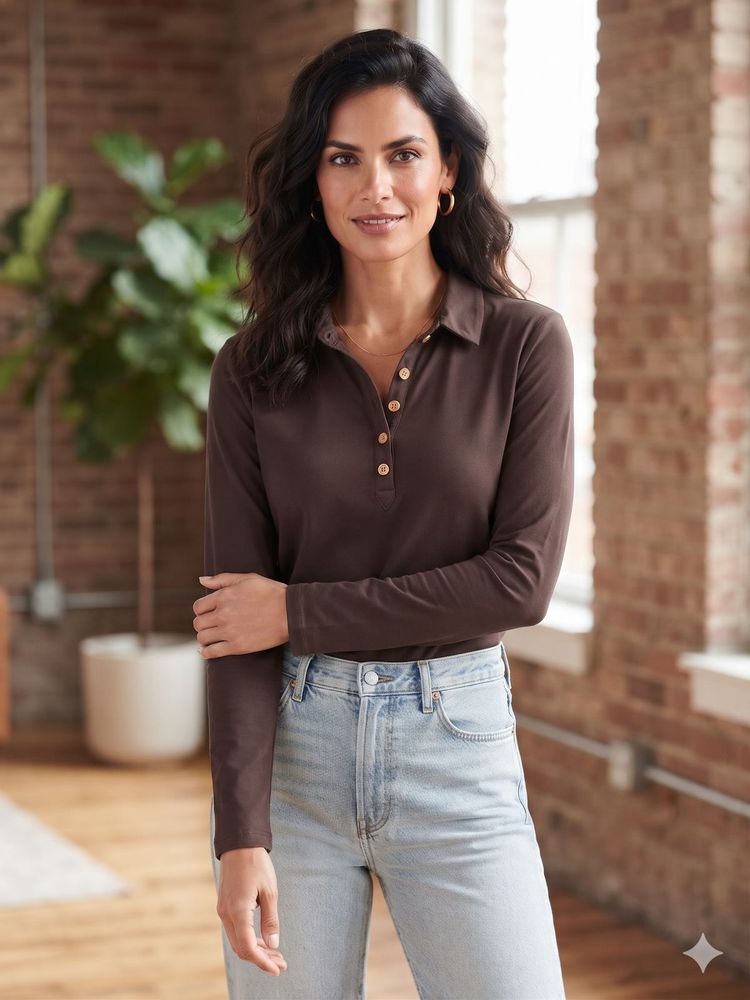 Brown Long Sleeve Polo Top
