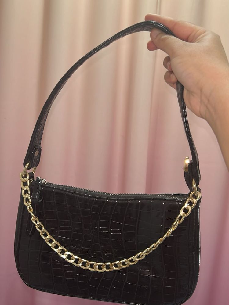 Black Faux Leather Handbag With Gold Chain