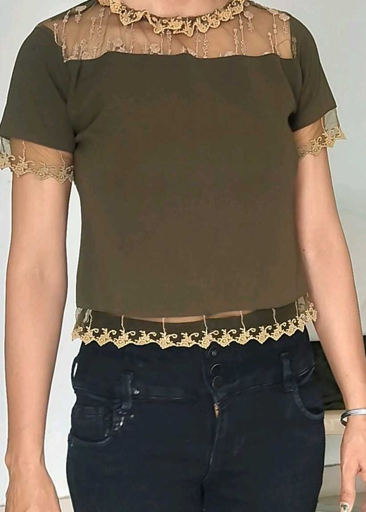 Olive Green Lace Trim Top
