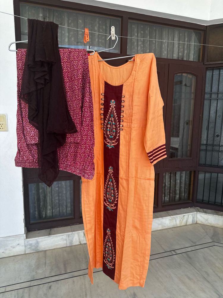 Orange Kurta with Maroon Embellishment