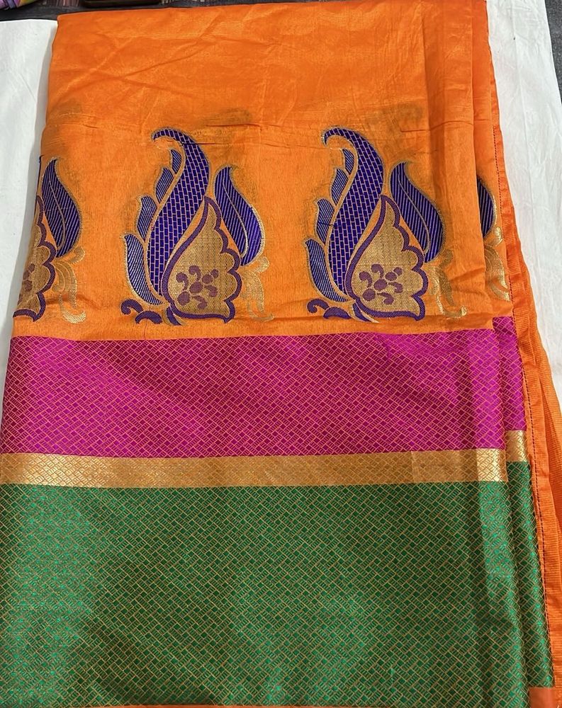 Vibrant Orange Saree with Paisley Border