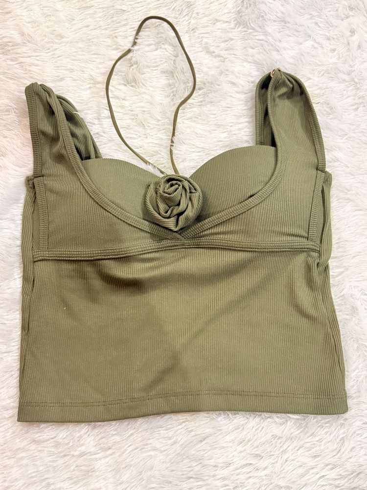 Olive Green Ribbed Crop Top with Rose Detail