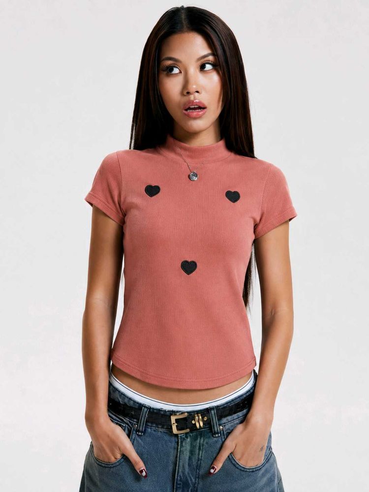 Cute Heart Graphic Mock Neck Top