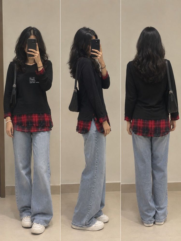 Black T-shirt with Plaid Trim
