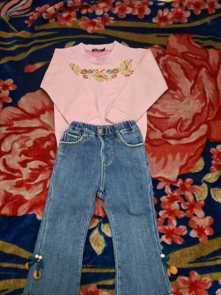 Girls Clothing Set – Pink Full Sleeve Top + Jeans