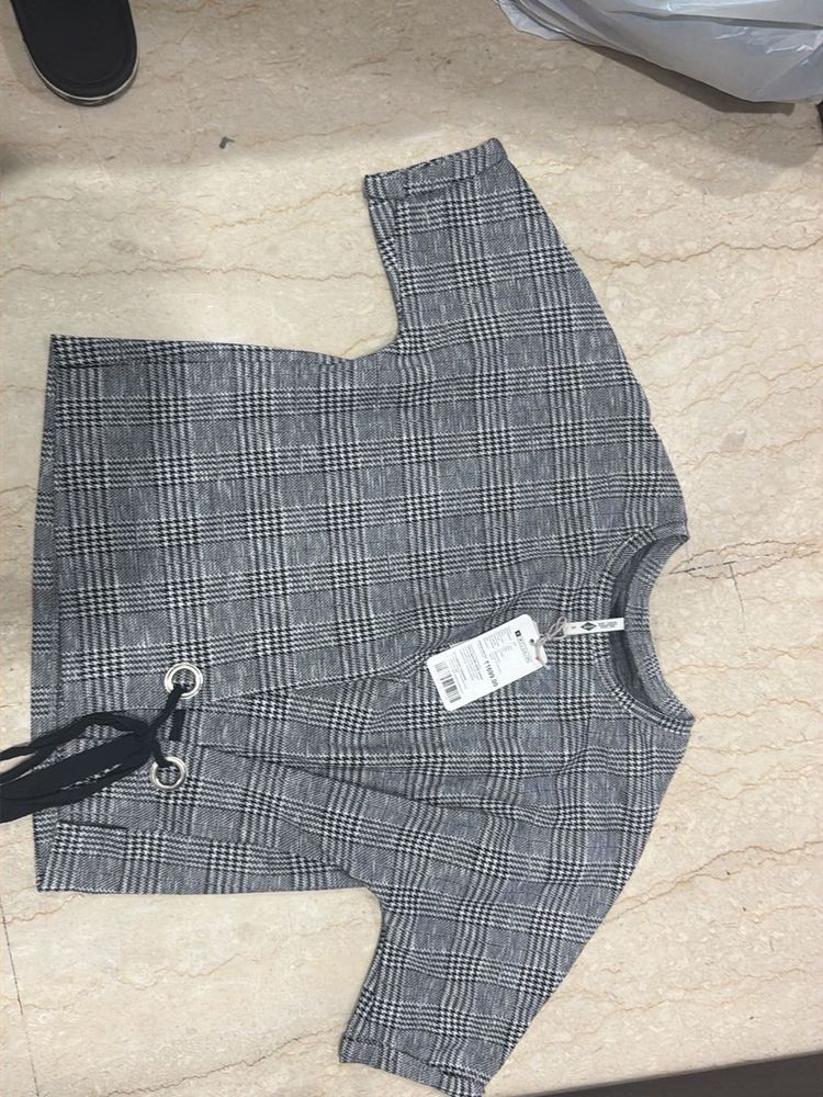 Grey Plaid Lace-Up Top