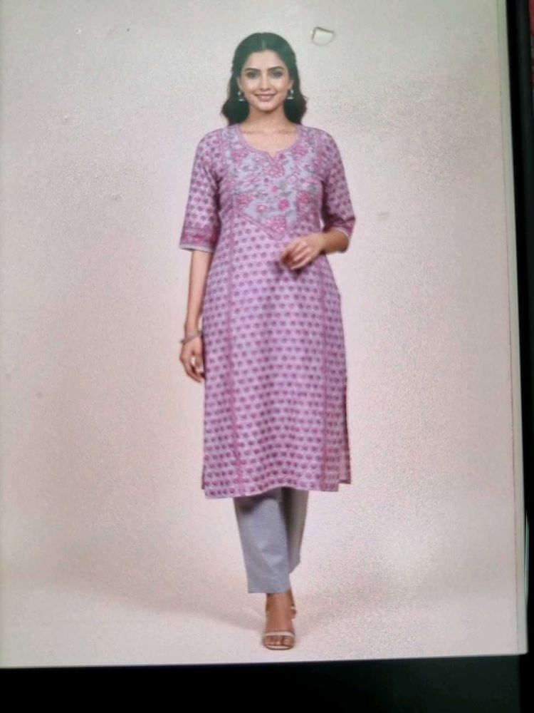 Elegant Purple Printed Kurta with Grey Pants