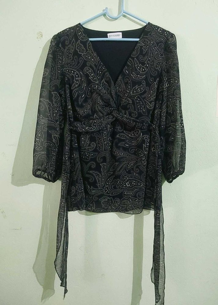 Elegant Black Paisley Print Wrap Top