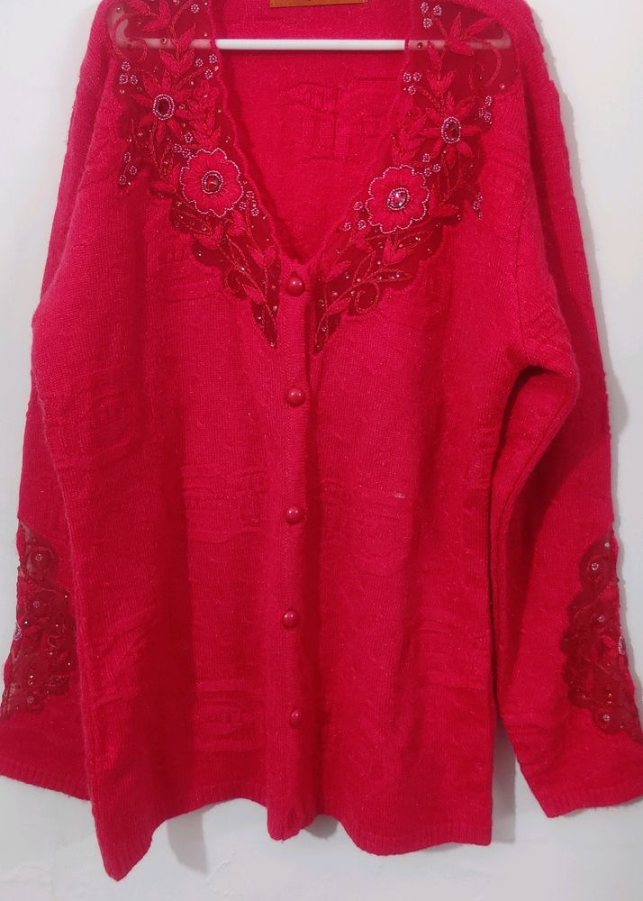 Partywear lace work Cardigancarrot pink