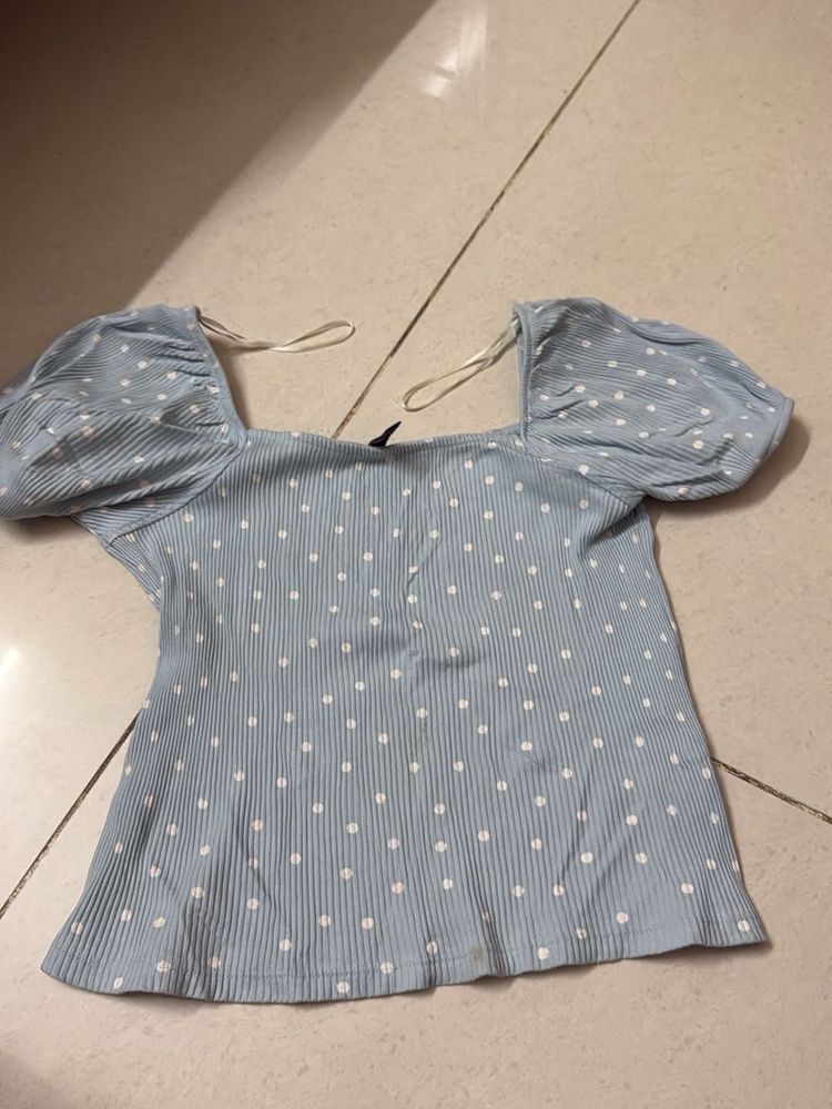 Blue Polka Dot Puff Sleeve Top