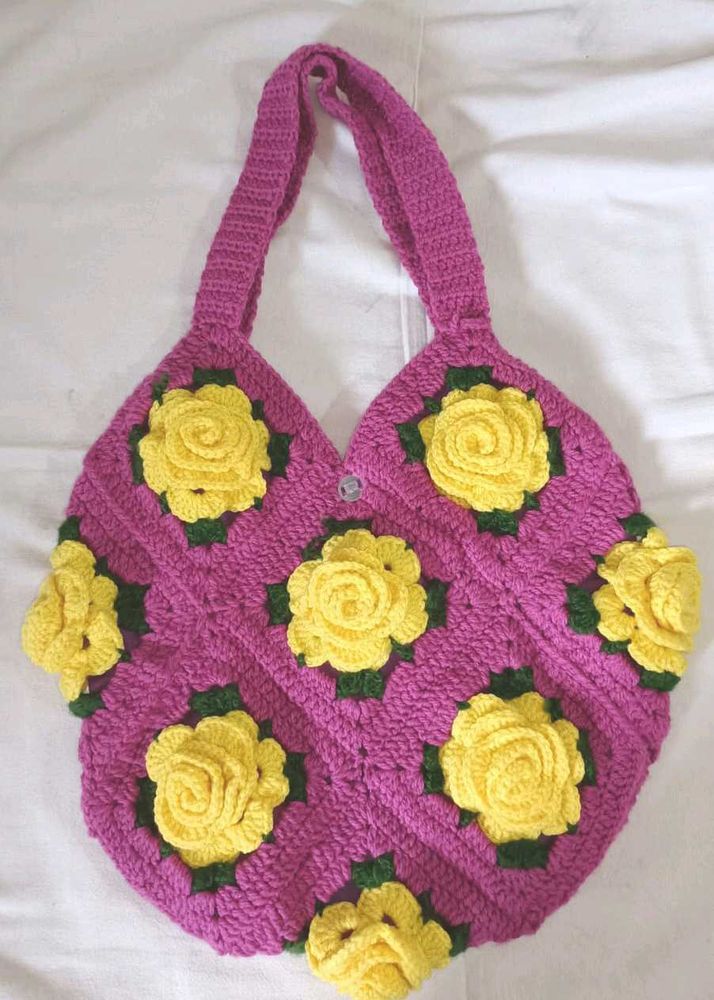 Crocheted Bag with Yellow Rose Appliques