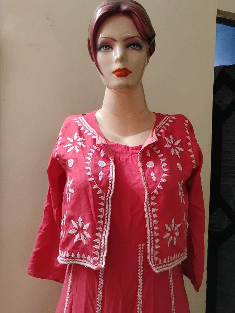 Pink Kurta Set with Embroidered Jacket