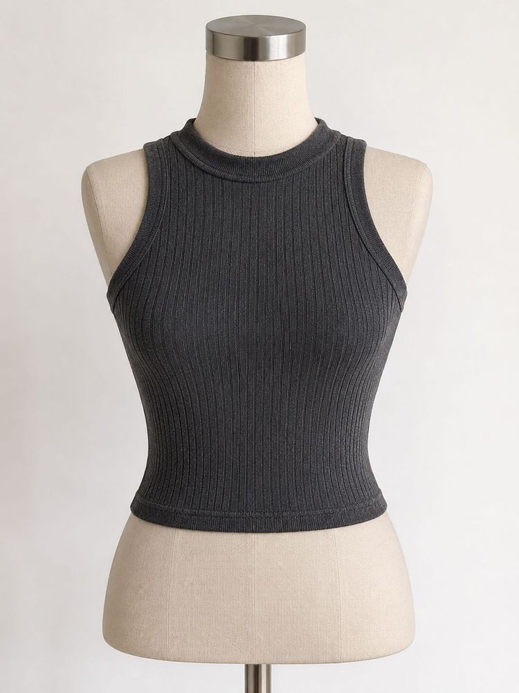 Ribbed Knit Sleeveless Mock Neck Tank Top