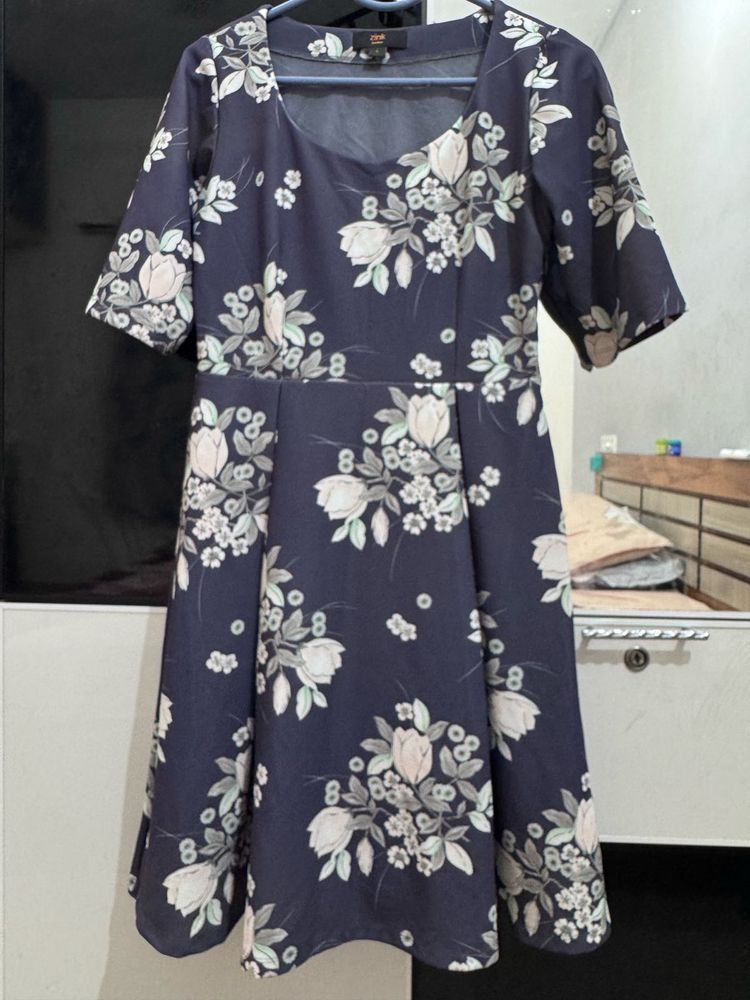 Navy Floral Print Fit &amp; Flare Dress