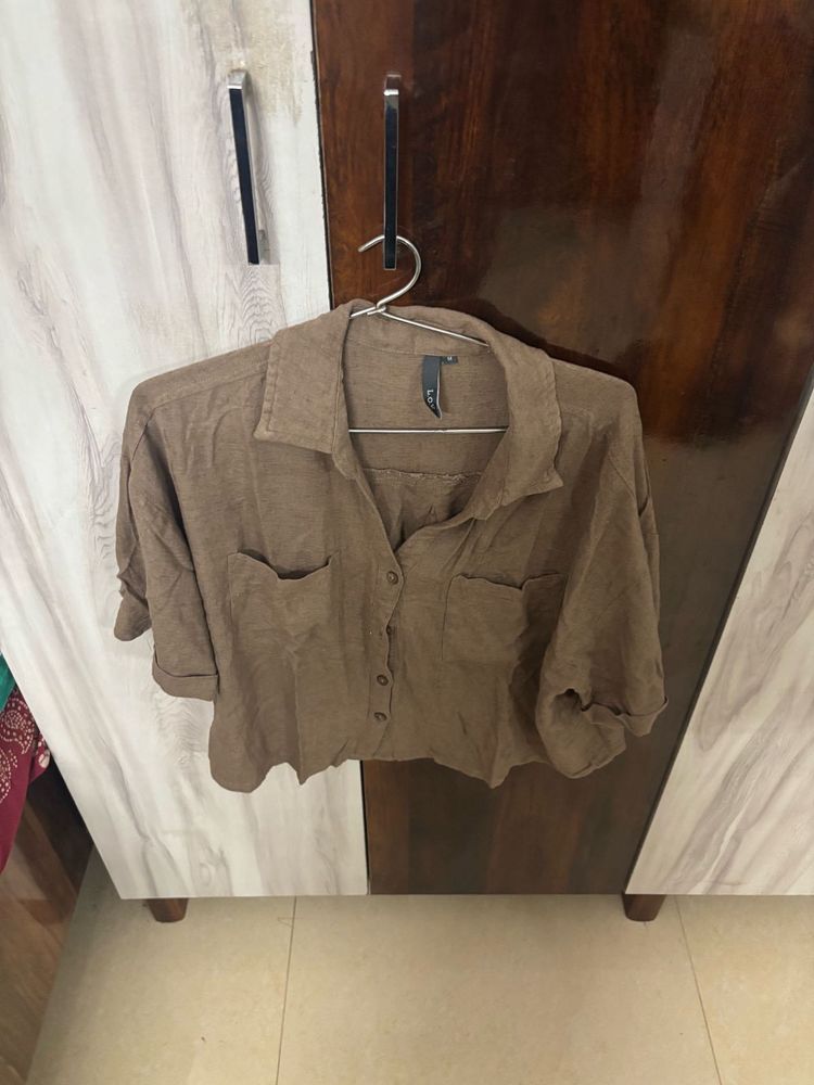 Brown Collared Crop Shirt
