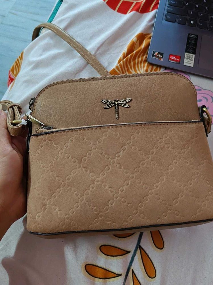 Tan Quilted Crossbody Bag with Dragonfly Charm