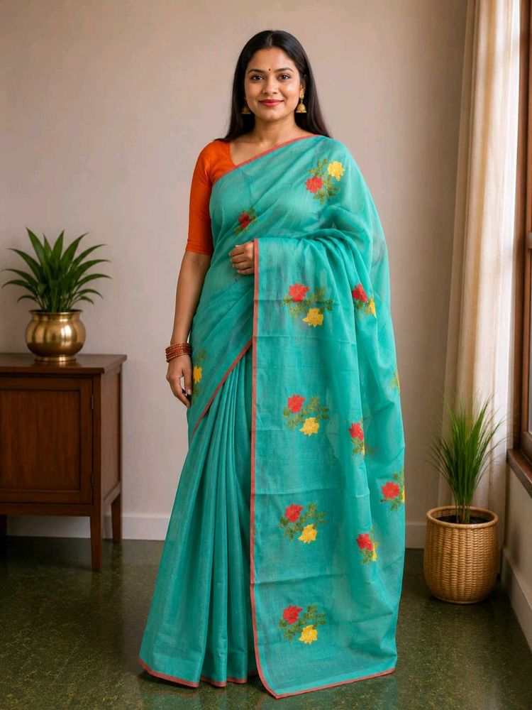Beautiful Teal Saree with Floral Embroidery