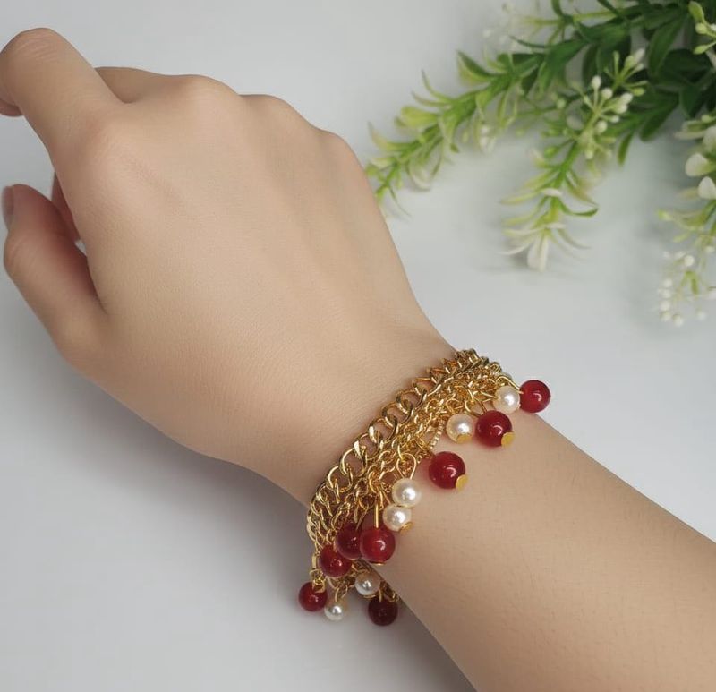 Gold Chain Bracelet with Red and Pearl Charms