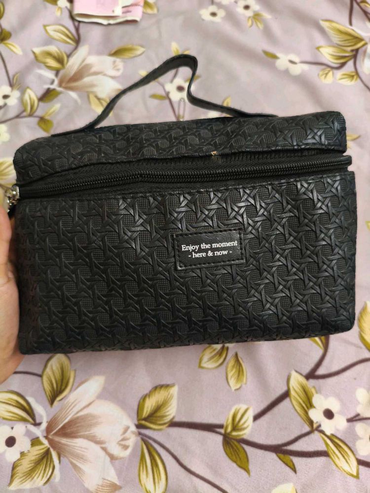 Black Textured Cosmetic Pouch