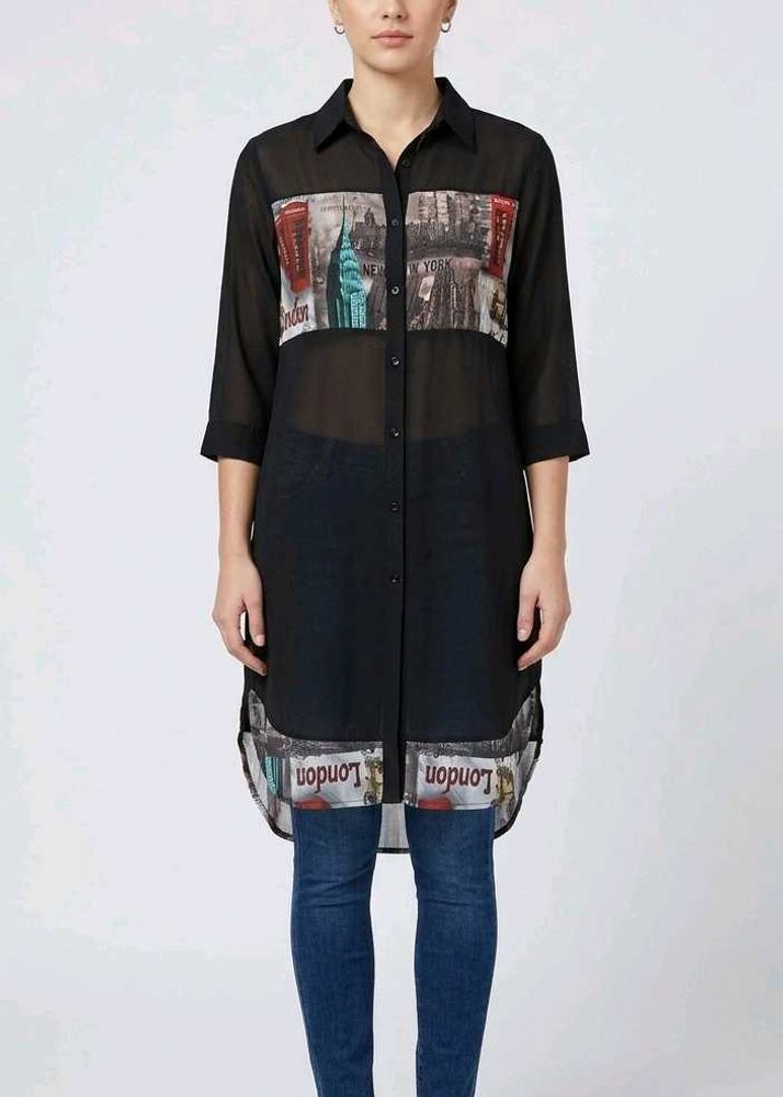 Sheer Black City Print Tunic Shirt