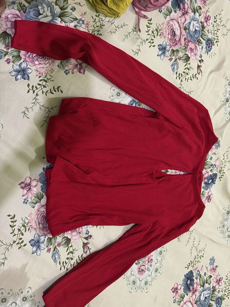 Ribbed Red Long Sleeve Top