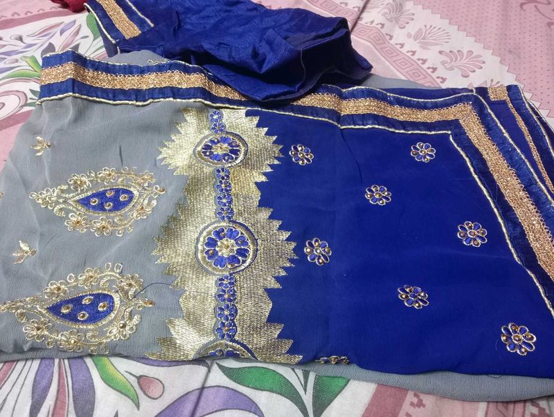 Elegant Blue &amp; Grey Saree