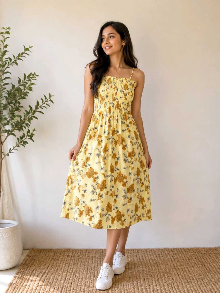 Yellow Floral Smocked Maxi Dress