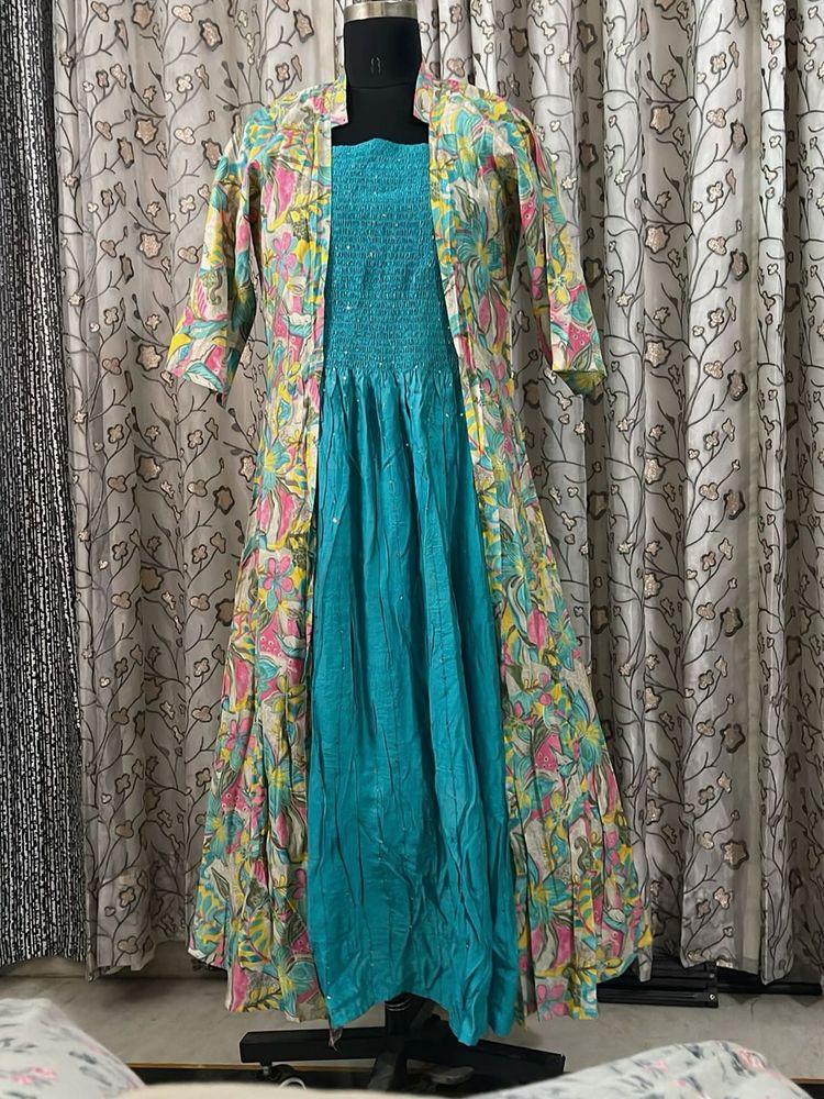 Beautiful Teal Maxi Dress with Floral Shrug