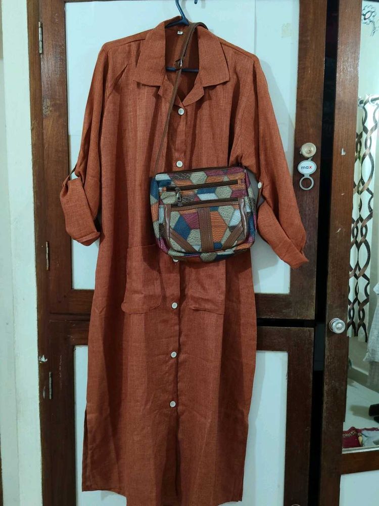 Unused Linen Stylish Rust Kurta with Pocket