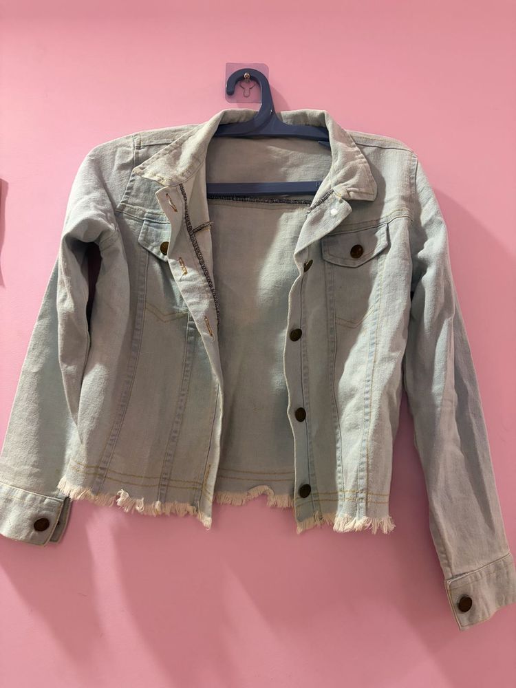 Light Wash Denim Jacket with Frayed Hem