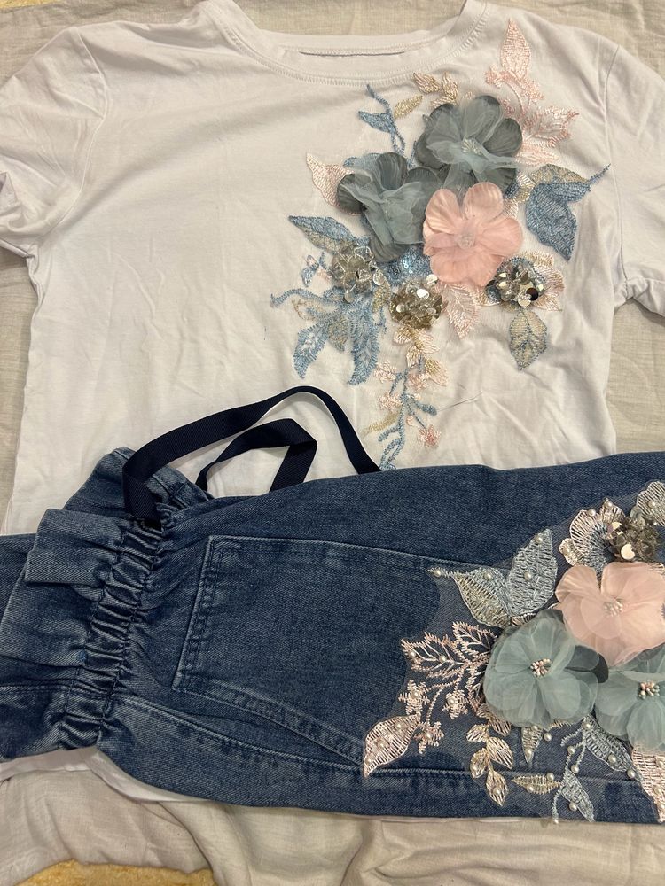 embroidery T-shirt and denim combo small