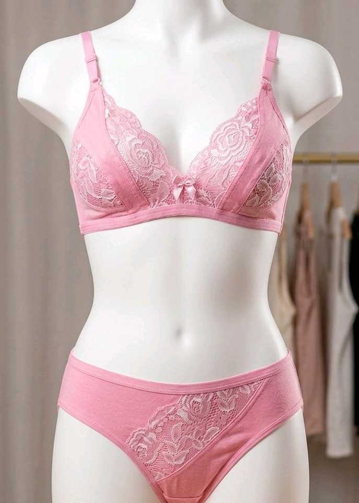 Pink Lace Trim Bra &amp; Panty Set