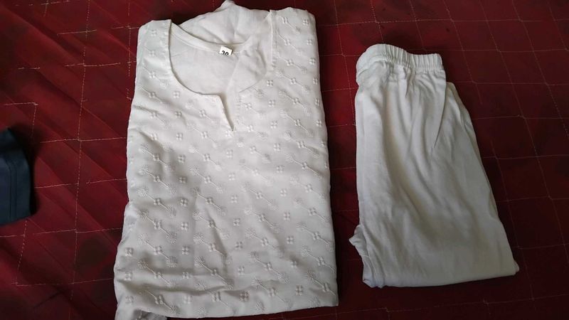 White Cotton Chikankari Kurta Set for girls