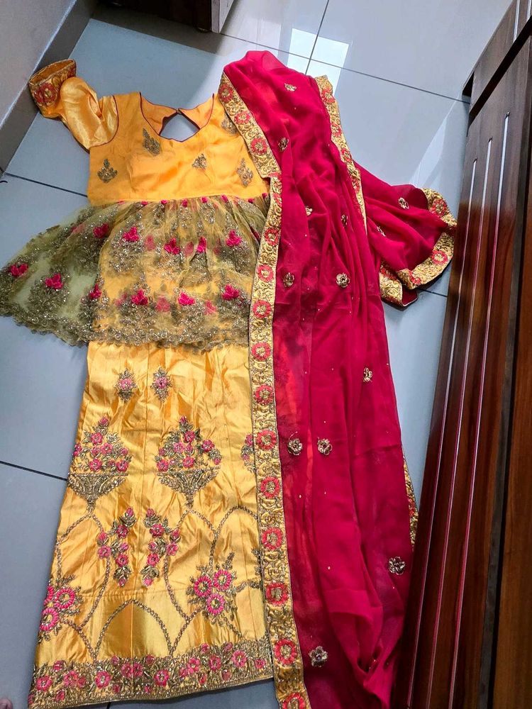 Yellow &amp; Pink Embroidered Lehenga Choli