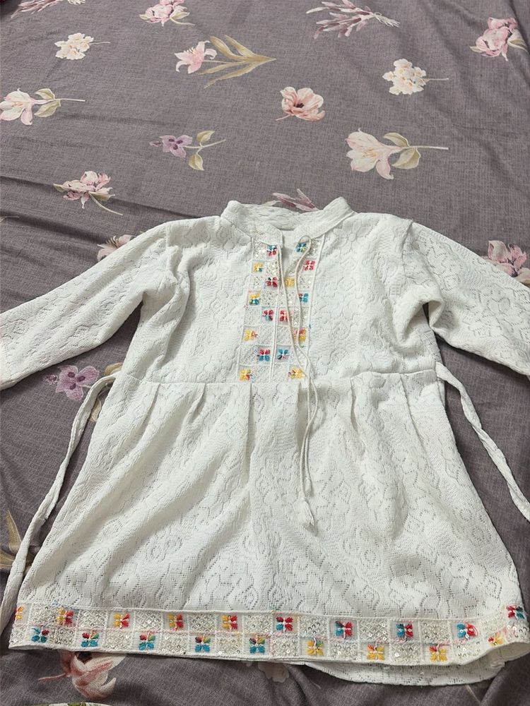 White Kurta with Embroidered Neckline