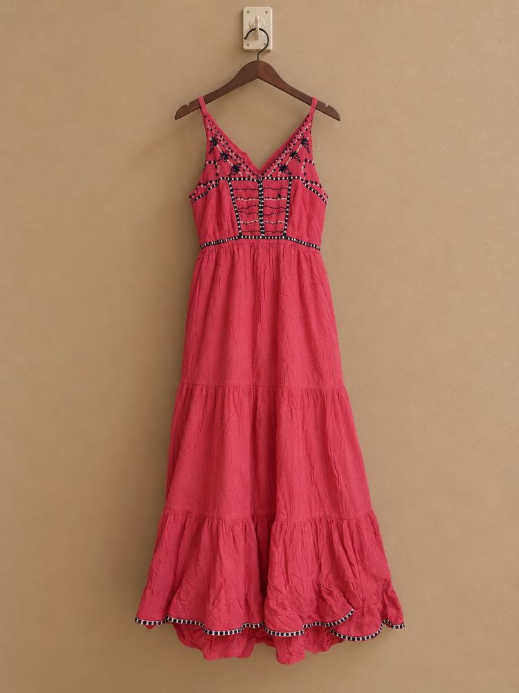 Coral Pink Embroidered Boho Maxi Dress