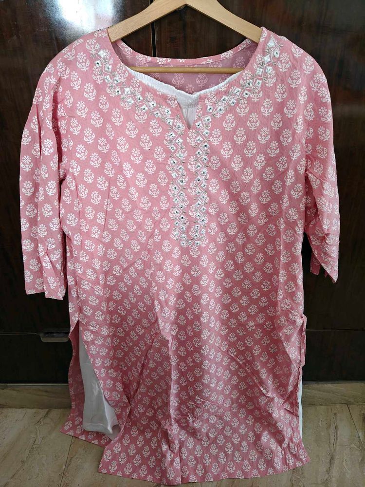 Stylish Pink Printed Kurta with Mirror Work