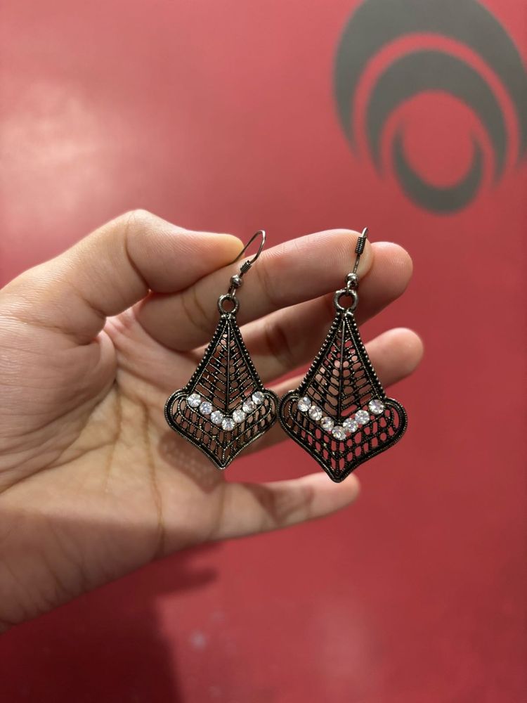 Oxidised Silver &amp; Black Geometric Earrings
