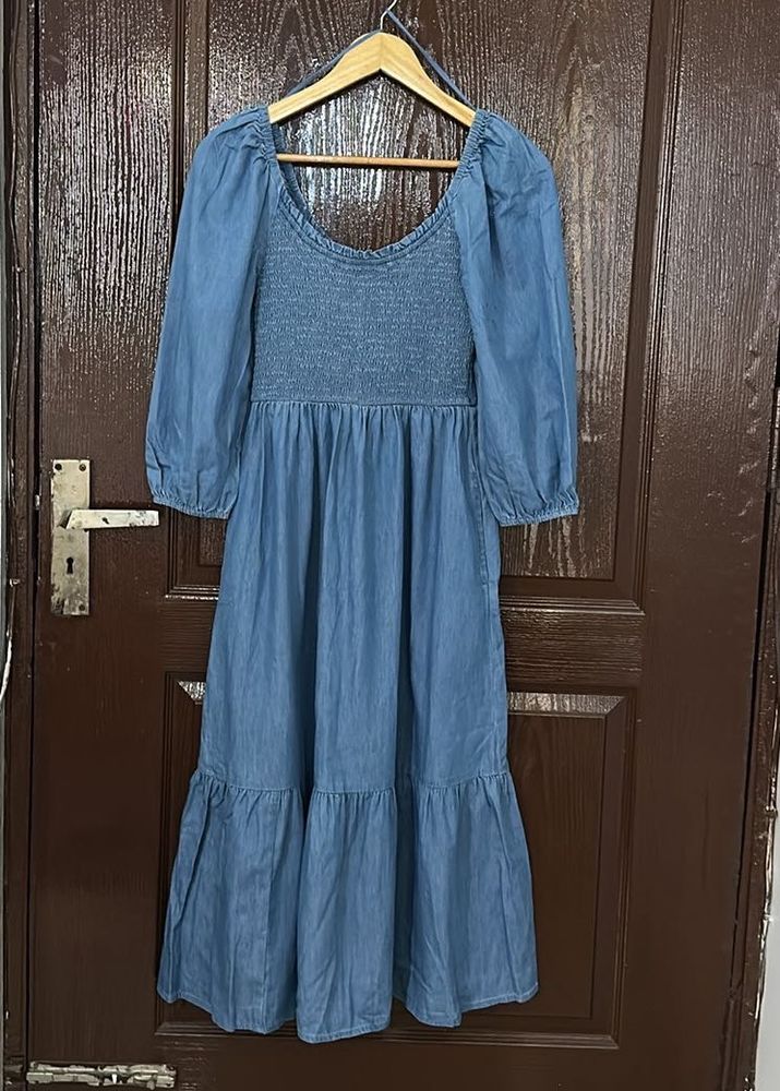 GAP Denim Smocked Midi Dress