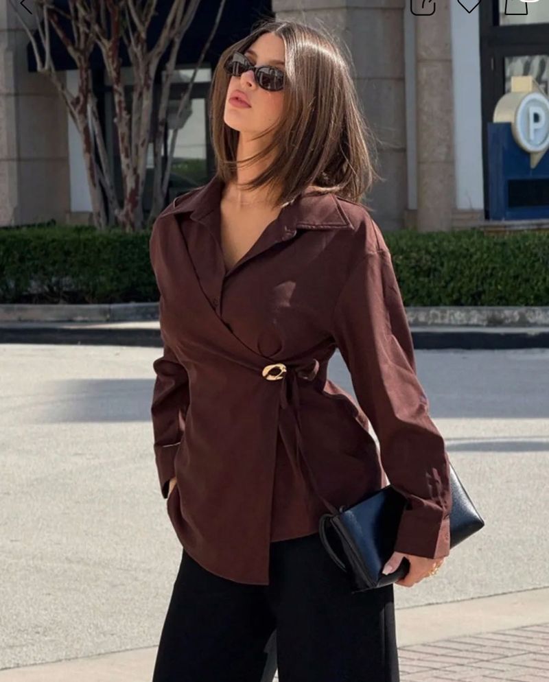 Chic Brown Wrap Blouse