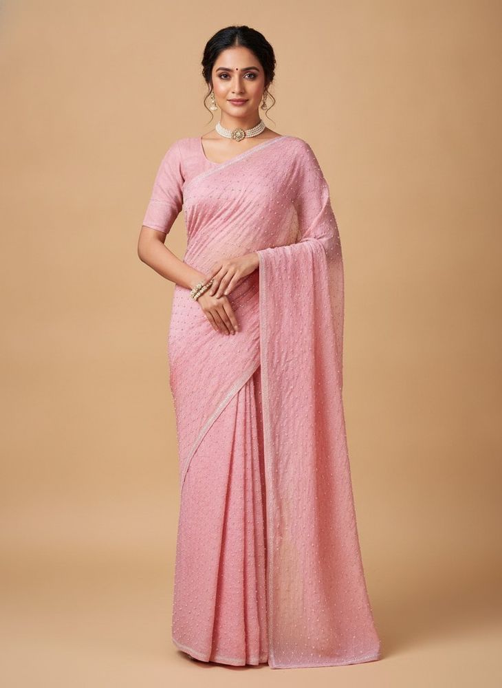 Elegant Pink Pearl Embellished Saree