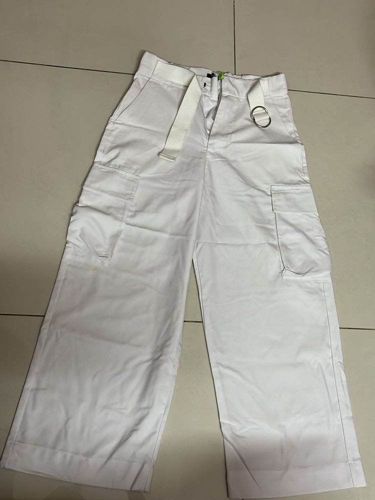 High waist White Cargo Pants with Belt
