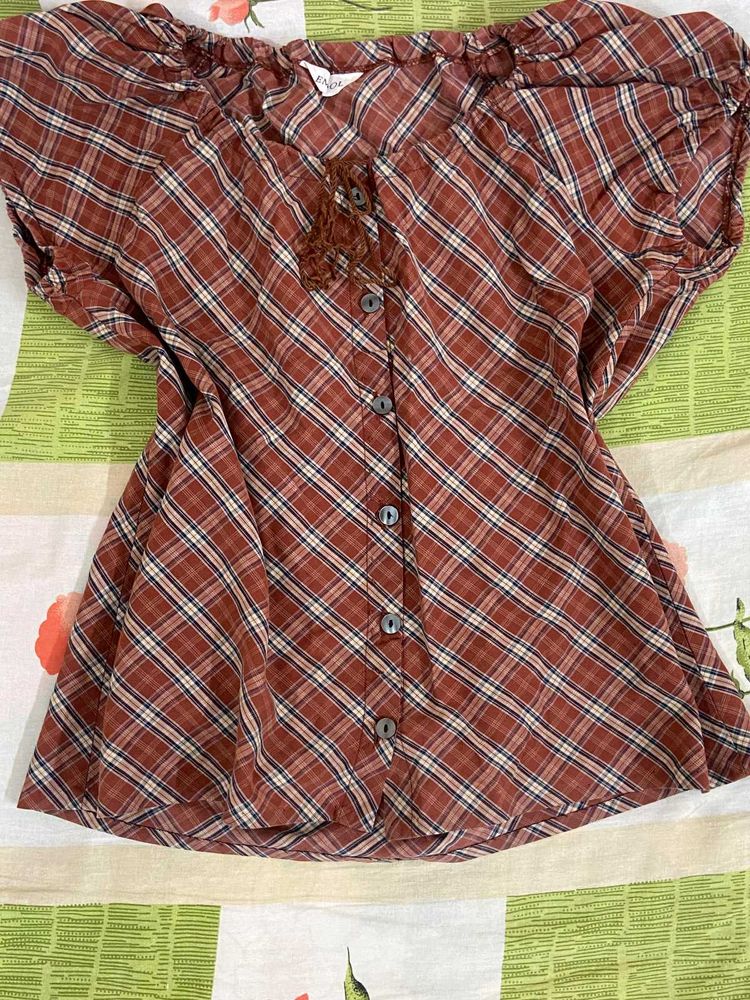 Plaid Off-Shoulder Puff Sleeve Top