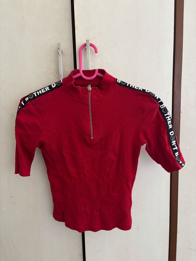 Red Ribbed Half-Zip Top