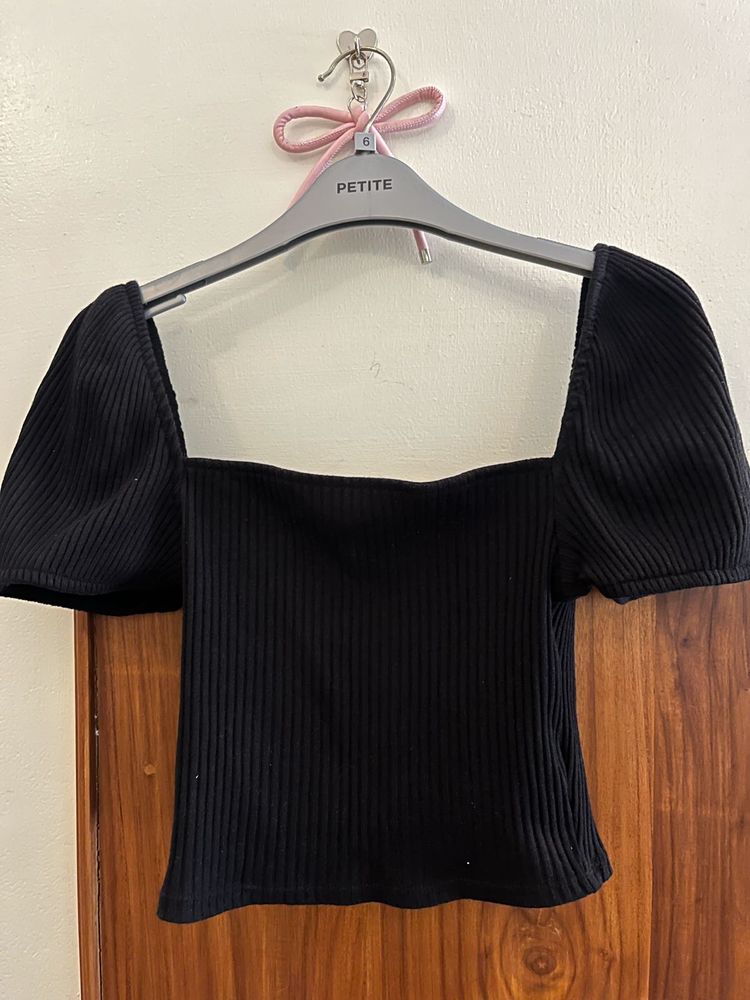 Ribbed Square Neck Puff Sleeve Top