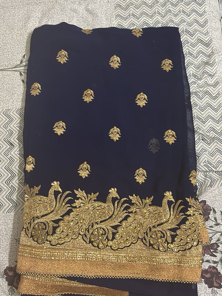 Elegant Navy Blue Embroidered Saree