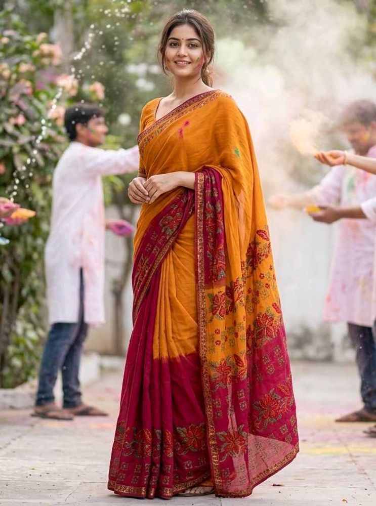 Floral Embroidered Ombre Saree With Blouse