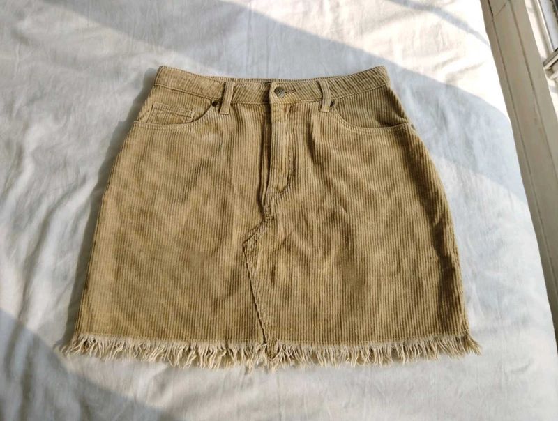 Tan Corduroy Mini Skirt with Fringe