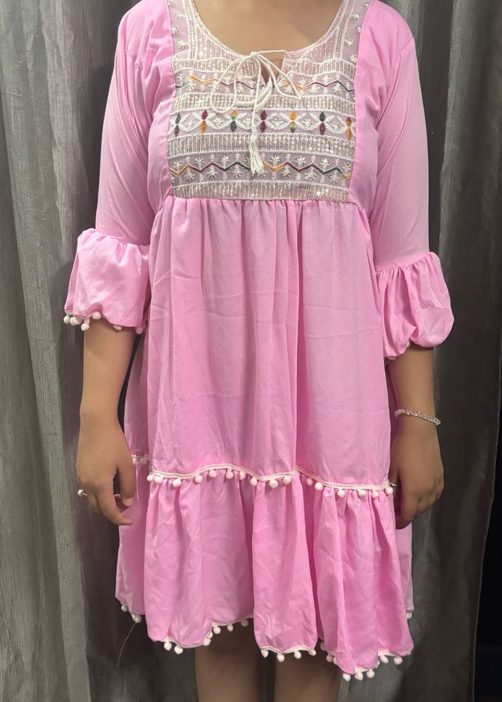 Embroidered Pink Flared Kurta